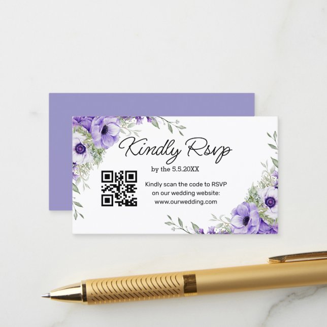 Aquarell lila Blütenhochzeit uAwg qr-Code Begleitkarte (Vorderseite/Rückseite Beispiel)