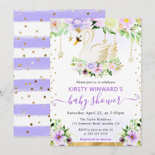 Aquarell Lila & Creme Blumen Schwan Babyparty Einladung