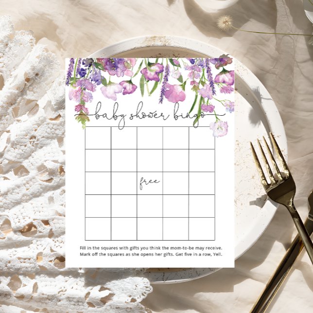 Aquarell Lila Floral Baby Dusche Bingo Spiel (Von Creator hochgeladen)