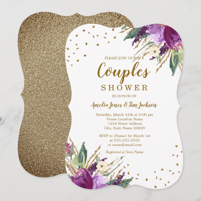 Aquarell Lila Gold Blume Paare Dusche Einladung (Vorne/Hinten)
