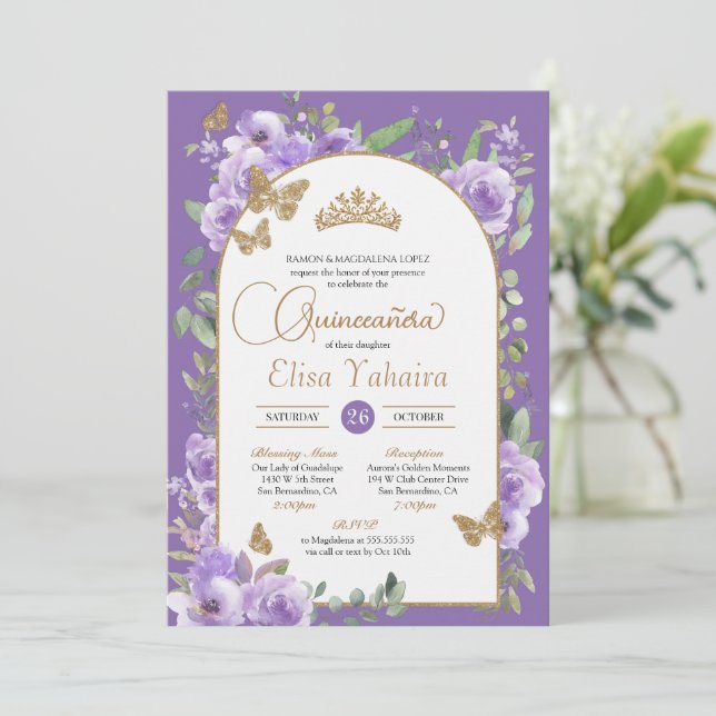 Aquarell Lila & Gold Butterfly Quinceñera Einladung (Stehend Vorderseite)