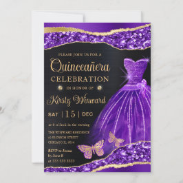 Aquarell Lila Gold Glitzer Dress Quinceanera Einladung