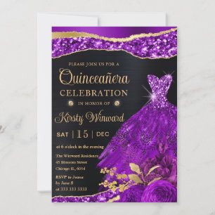 Aquarell-Lila-Gold-Glitzer-Kleid Quinceanera Einladung