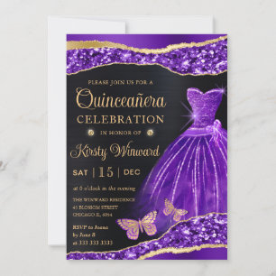 Aquarell-Lila-Gold-Glitzer-Kleid Quinceanera Einladung