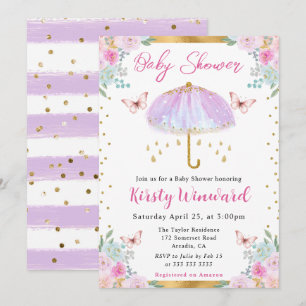 Aquarell Lila Goldener Frühlingsschirm Babydusche Einladung