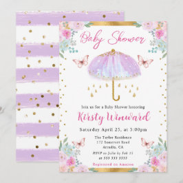Aquarell Lila Goldener Frühlingsschirm Babydusche Einladung