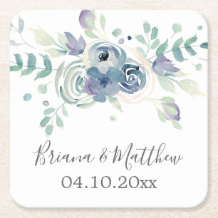 Aquarell-Lila-Grün-Blumen-Elegante Hochzeit Rechteckiger Pappuntersetzer