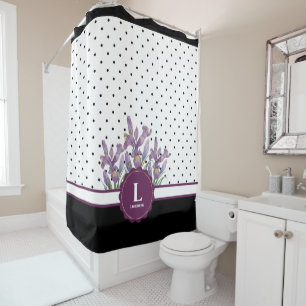 Aquarell Lila Iris Schwarz-weiß Polka Dots anzeige Duschvorhang