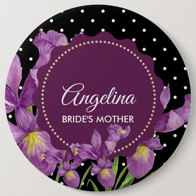 Aquarell Lila Iris Schwarz-weiß Polka Dots Button (Vorderseite)