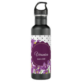 Aquarell Lila Iris Schwarz-weiß Polka Dots Edelstahlflasche