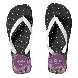 Aquarell Lila Iris Schwarz-weiß Polka Dots Flip Flops