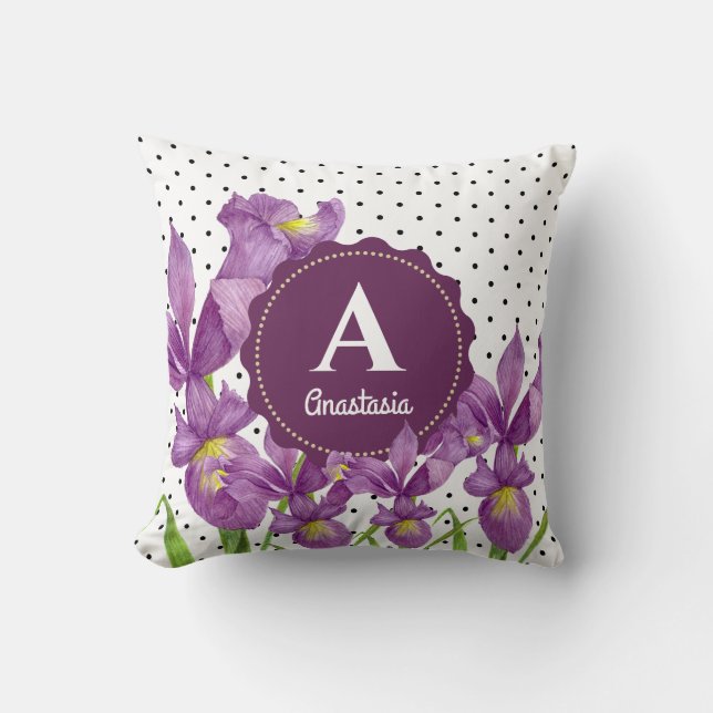 Aquarell Lila Iris Schwarz-weiß Polka Dots Kissen (Vorderseite)