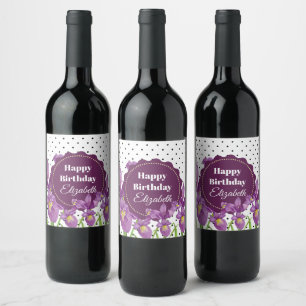 Aquarell Lila Iris Schwarz-weiß Polka Dots Weinetikett