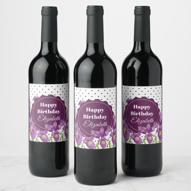 Aquarell Lila Iris Schwarz-weiß Polka Dots Weinetikett (Flaschen)
