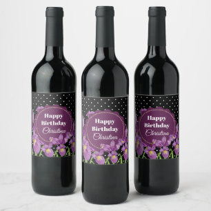 Aquarell Lila Iris Schwarz-weiß Polka Dots Weinetikett