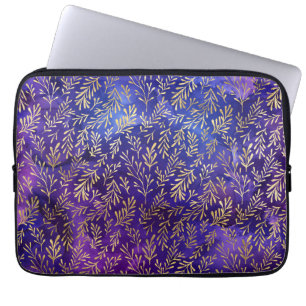 Aquarell-Lila-Muster mit goldenen Blättern Laptopschutzhülle