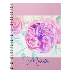 Aquarell-Lila-Rosa-Mädchen-Notizbuch mit rosa Rose Notizblock