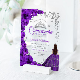 Aquarell Lila Rosen Silber Quinceanera Acryleinladungen