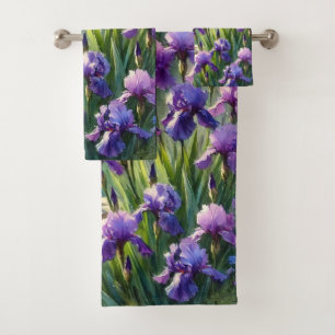 Aquarell Lila Schwertlilien Blumen  Badhandtuch Set