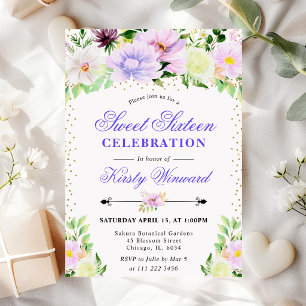 Aquarell Lila Sommerblumen Sweet 16 Einladung