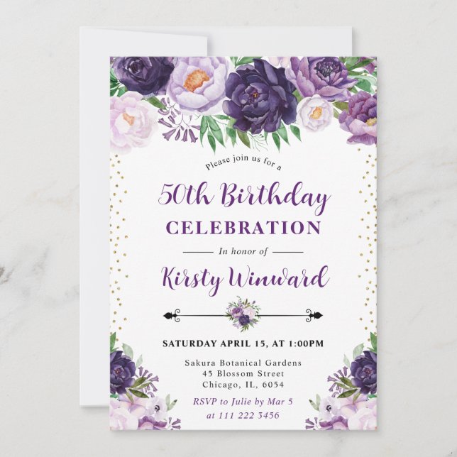Aquarell Lila und Creme Blume 50. Geburtstag Einladung (Vorderseite)