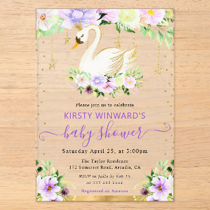 Aquarell-Lila- und Creme-Blumen-Schwan-Baby-Party Acryleinladungen