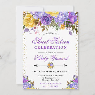 Aquarell lila und gelbe Blumen Sweet 16 Einladung