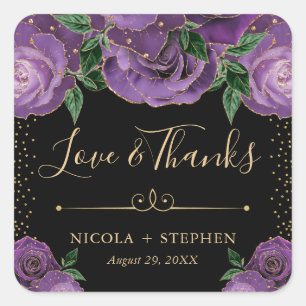 Aquarell-Lila- und Gold-Glamour-Rosen-Hochzeit Quadratischer Aufkleber