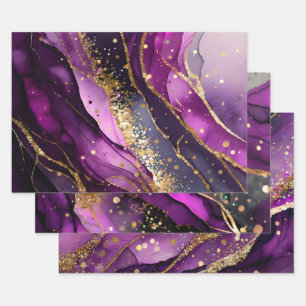 Aquarell-Lila und Gold-Glitter-Alkohol-Tinte Geschenkpapier Set