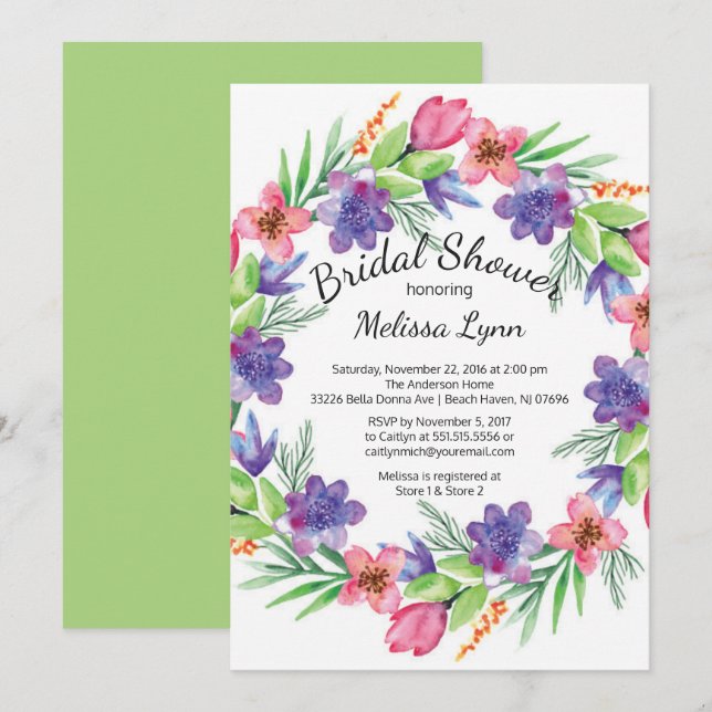 Aquarell Lila und Rosa Blume Brautparty Einladung (Vorne/Hinten)