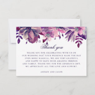 Aquarell lila und rosa Blumen. Florale Hochzeit Dankeskarte