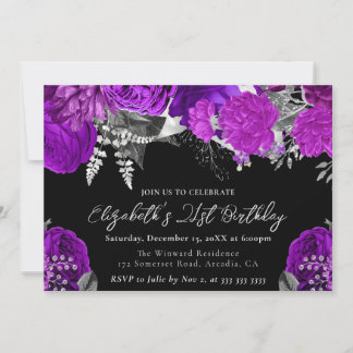 Aquarell Lila und Silber Rose 21. Geburtstag Einladung