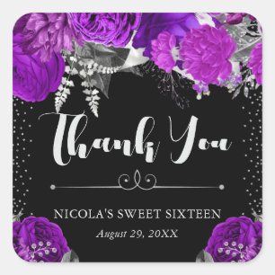 Aquarell-Lila- und Silberblumen Sweet 16 Quadratischer Aufkleber