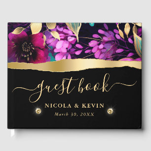 Aquarell-Lila- und Türkisblumen-Hochzeit  Gästebuch