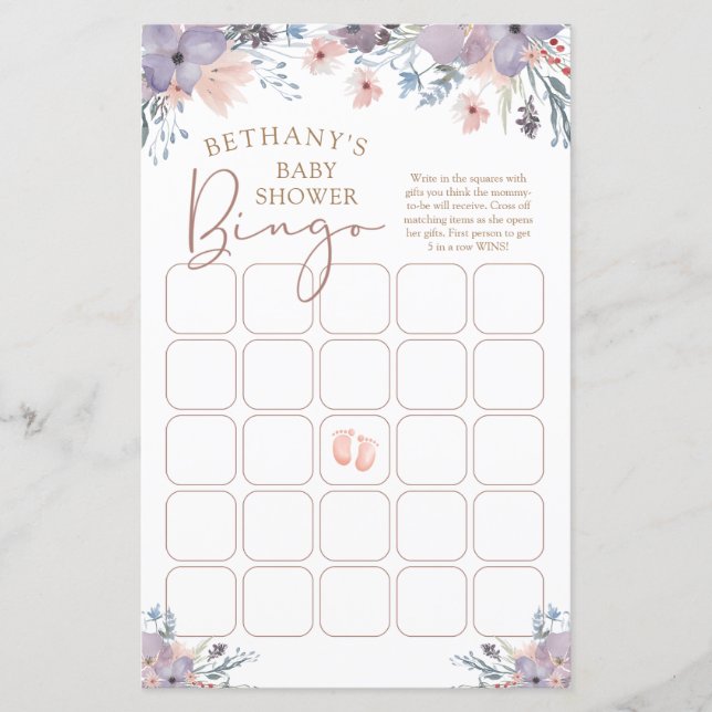 Aquarell Lila Violet Babydusche Bingo (Vorderseite)