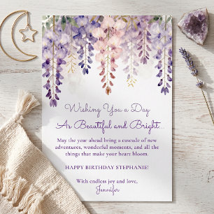 Aquarell-Lila-Wisteria-Blumen-Erwachsenen-Geburtst Karte