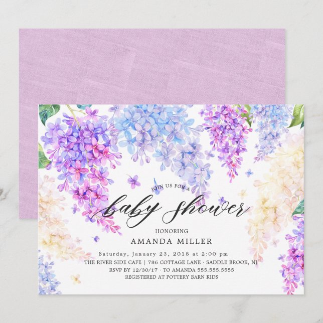Aquarell Lilac Baby Dusche Einladung (Vorne/Hinten)