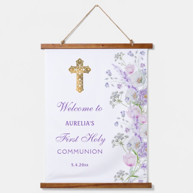 Aquarell Lilac Blume Erste Kommune Willkommen Wandteppich Mit Holzrahmen (Vorderseite)