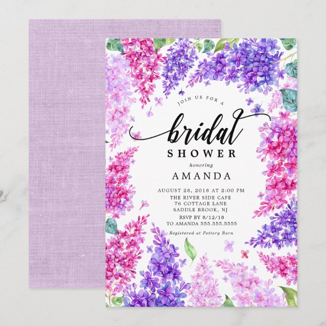 Aquarell Lilac Bridal Dusche Einladung (Vorne/Hinten)