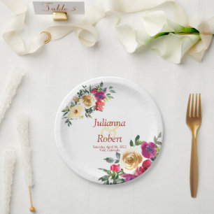 Aquarell-Limonen- und Magenta-Blumen-Hochzeitspapi Pappteller