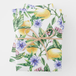 Aquarell-Limonen, Zitronenblüten und Kornblumen Geschenkpapier Set