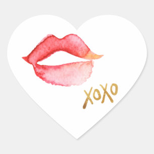 Aquarell-Lippen u. Goldfolie XOXO Herz-Aufkleber
