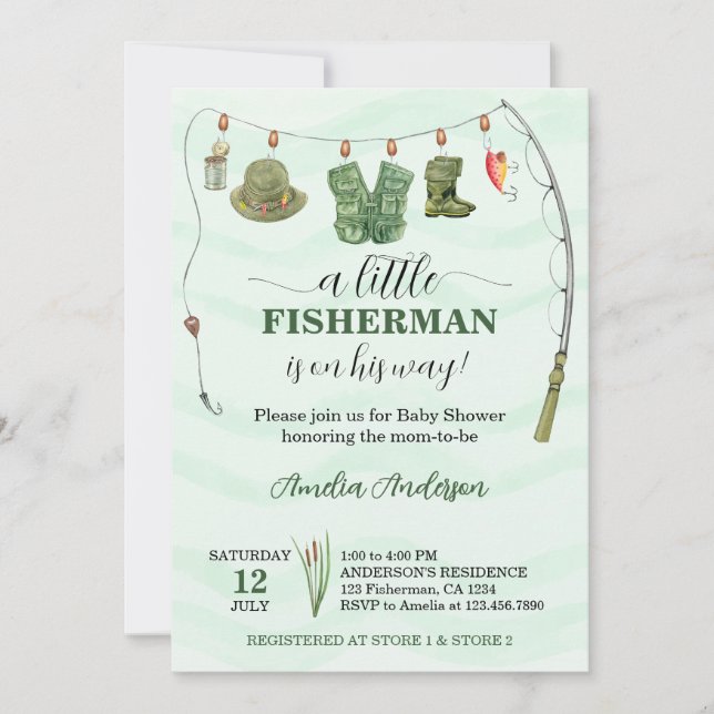 Aquarell Little Fisherman Fishing Baby Dusche Einladung (Vorderseite)