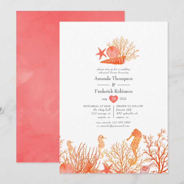 Aquarell Living Coral Beach Probe Abendessen Einladung (Vorne/Hinten)