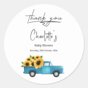 Aquarell-LKW mit Sonnenblumen-Baby-Party Runder Aufkleber
