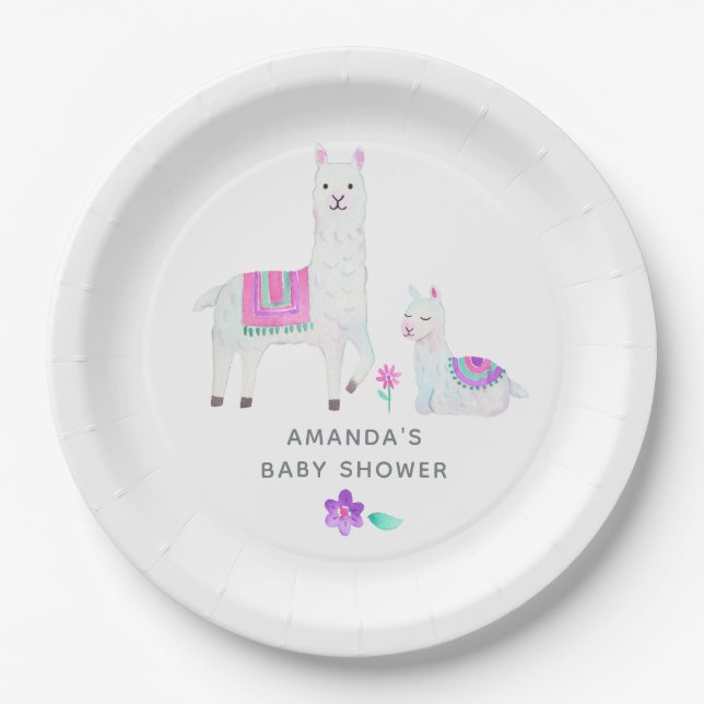 Aquarell Llama-Kinderdusche Pappteller (Vorderseite)