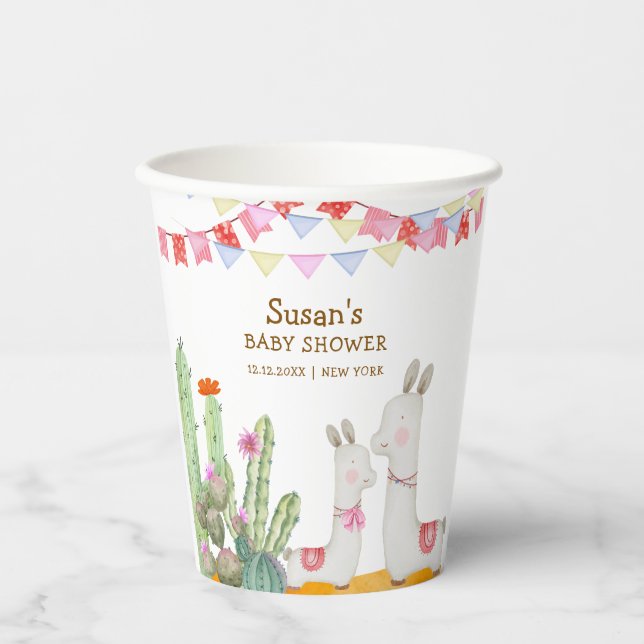 Aquarell Llama Wüste Kaktus Fiesta Baby Dusche Pappbecher (Vorderseite)