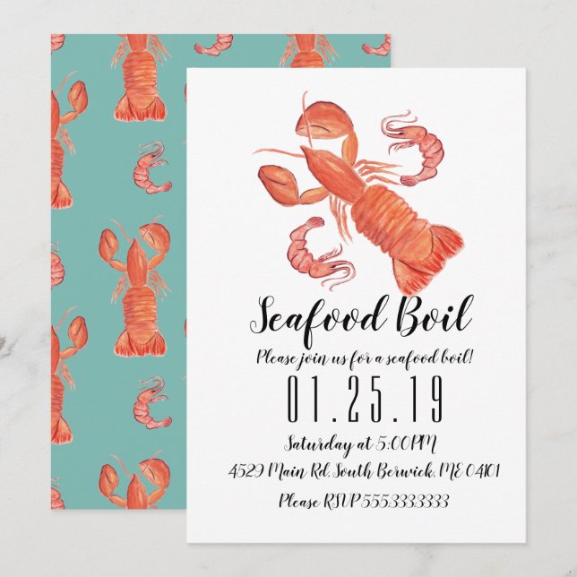 Aquarell Lobster Party Garnelen Abendessen Annoul Ankündigung (Vorne/Hinten)
