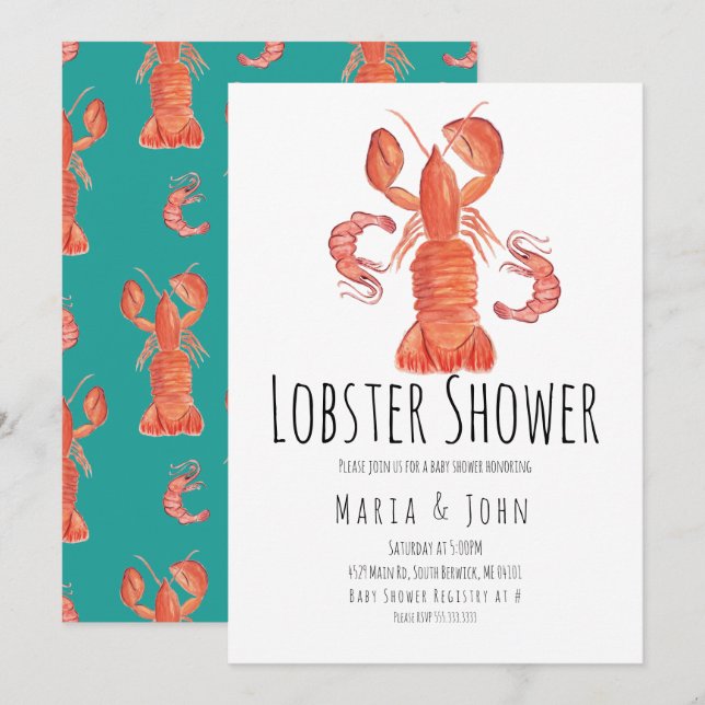 Aquarell Lobster Party Kinderdusche Einladungen (Vorne/Hinten)
