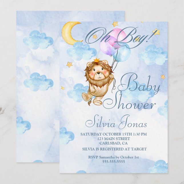 Aquarell Löwendschungel Baby-Dusche Junge Einladung (Vorne/Hinten)